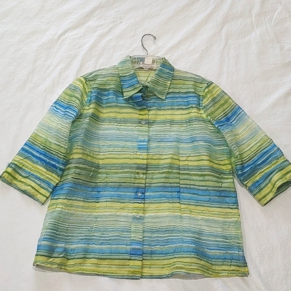 Tanjay 2 Piece Blue Green Stripe 3/4 Sleeve Semi Sheer Blouse Set Size 12P - Picture 4 of 6